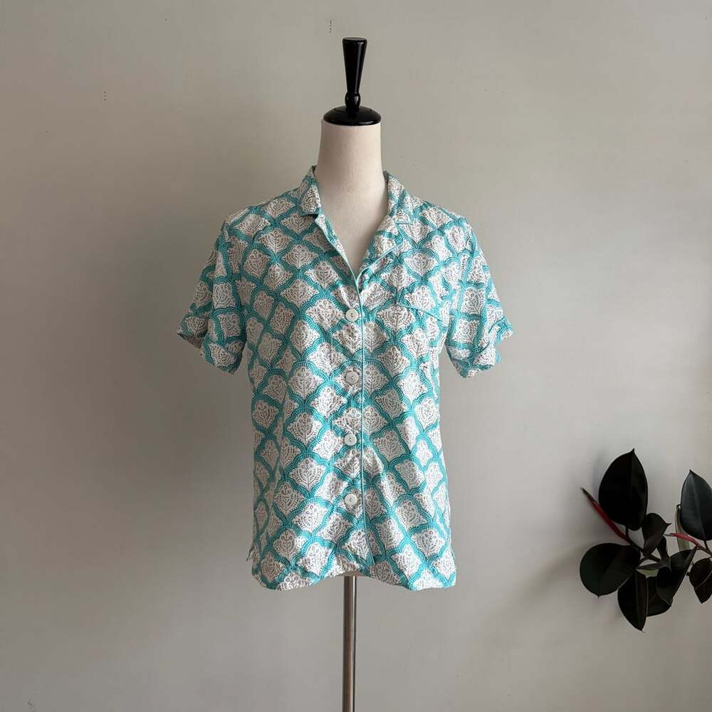 Roller Rabbit Button Up Pajama Top Teal White Cotton Silk Block Print